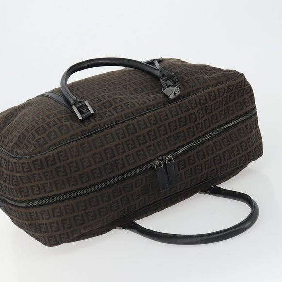 FENDI Zucchino Canvas Boston Bag Dark Brown Silver Auth 188276