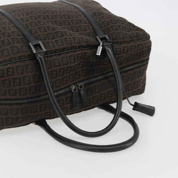 FENDI Zucchino Canvas Boston Bag Dark Brown Silver Auth 188276