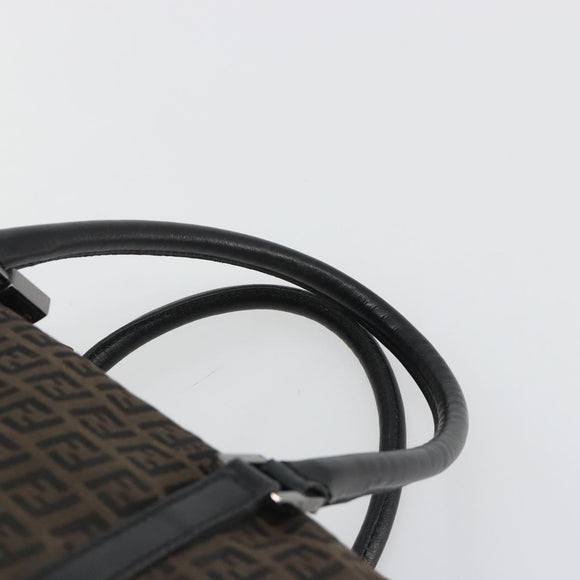 FENDI Zucchino Canvas Boston Bag Dark Brown Silver Auth 188276