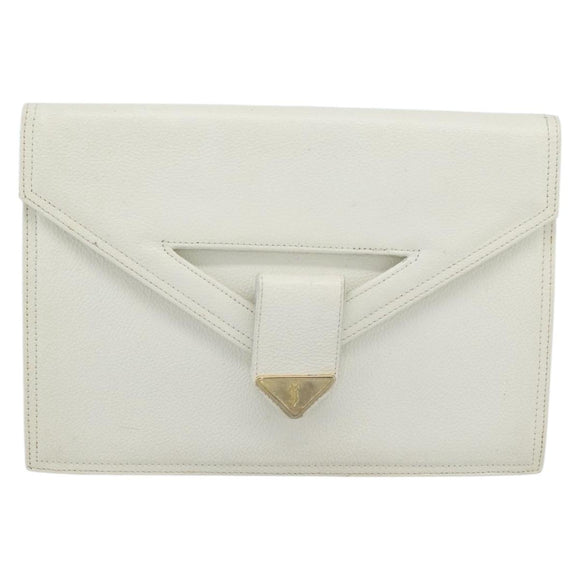 SAINT LAURENT Clutch Bag Leather White Gold Auth 188300