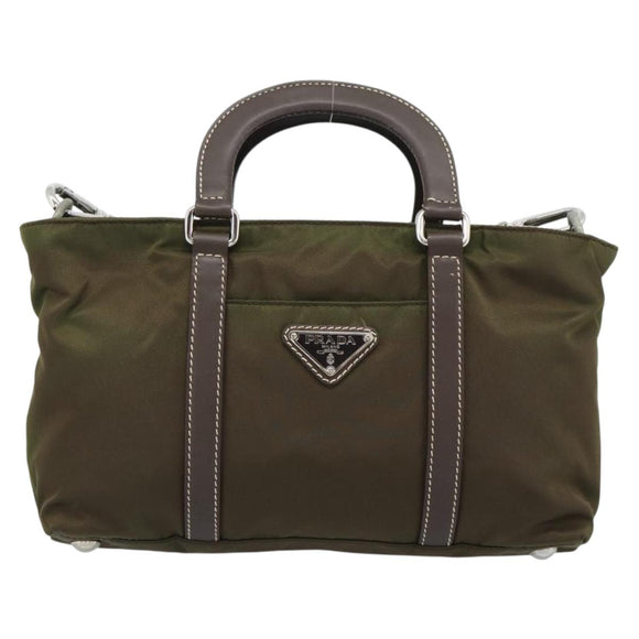 PRADA Hand Bag Nylon 2way Khaki Silver Auth 188309