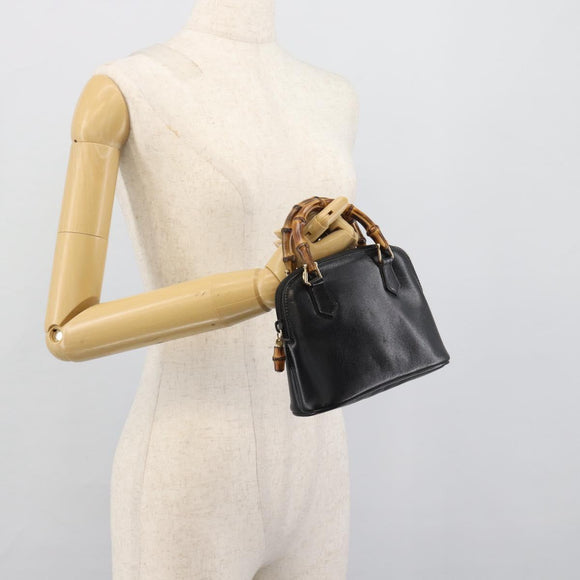 GUCCI Bamboo Hand Bag Leather Black Gold 007 2865 0231 Auth 188314