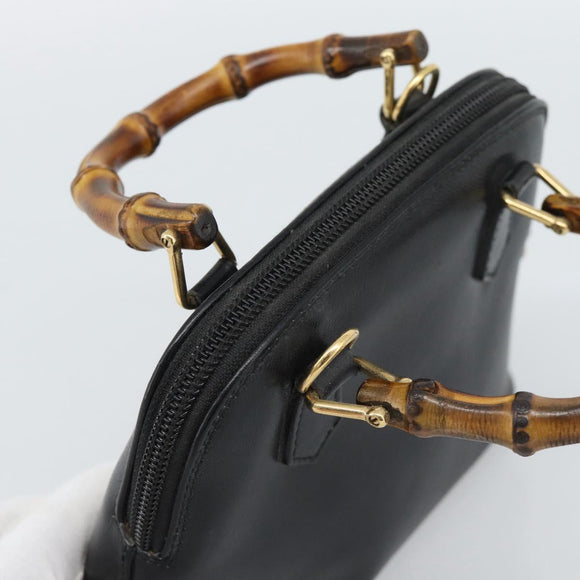 GUCCI Bamboo Hand Bag Leather Black Gold 007 2865 0231 Auth 188314