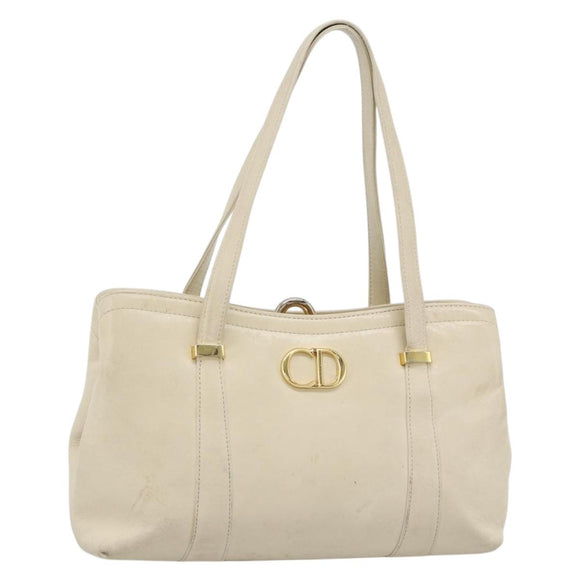 Christian Dior Hand Bag Leather Beige Gold Auth 188329