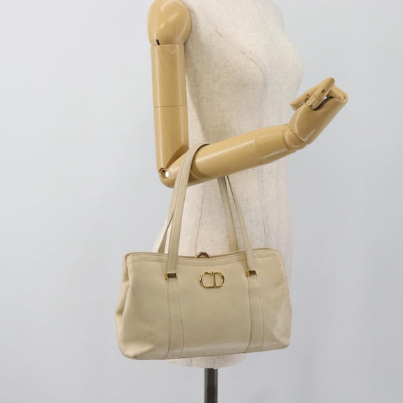 Christian Dior Hand Bag Leather Beige Gold Auth 188329