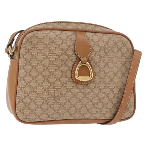 CELINE Macadam Canvas Shoulder Bag PVC Beige Gold Auth 188342A