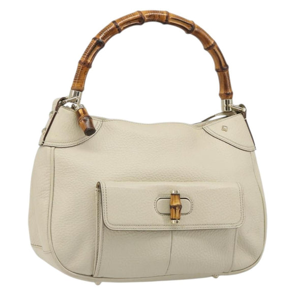 GUCCI Bamboo Hand Bag Leather White Gold 137383 Auth 188350A