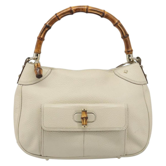GUCCI Bamboo Hand Bag Leather White Gold 137383 Auth 188350A