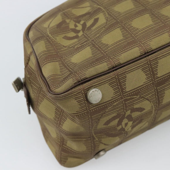 CHANEL New Travel Line Hand Bag Canvas Khaki Silver CC Auth 188351