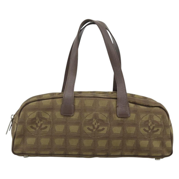 CHANEL New Travel Line Hand Bag Canvas Khaki Silver CC Auth 188351