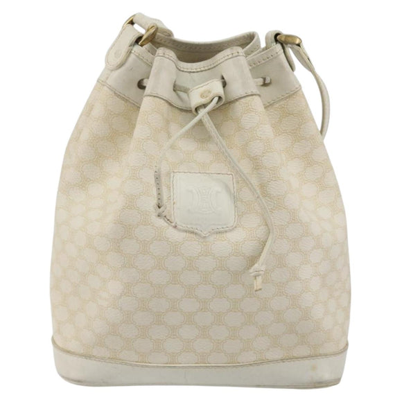 CELINE Macadam Canvas Shoulder Bag PVC Leather White Gold Auth 188363