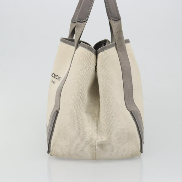 BALENCIAGA Navy Cabas S Tote Bag Canvas Leather White Silver 339933 Auth 188368