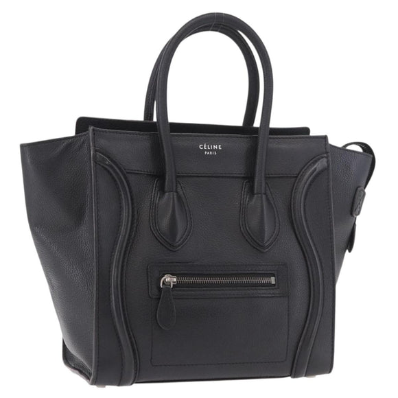 CELINE Luggage Micro Shopper Hand Bag Leather Black Silver Auth 188371SAM