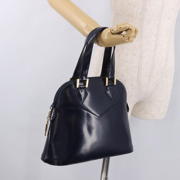 SAINT LAURENT Hand Bag Leather Navy Gold Auth 188373