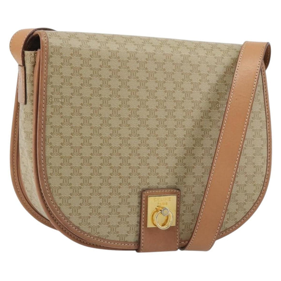 CELINE Macadam Canvas Shoulder Bag PVC Beige Gold Auth 188375A
