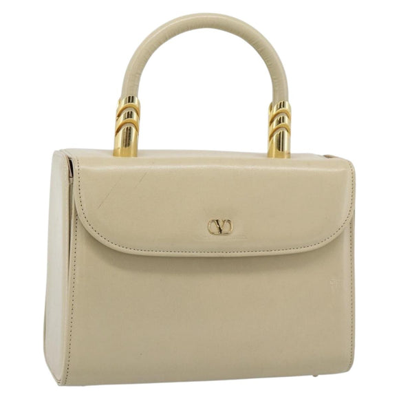 VALENTINO Hand Bag Leather Beige Gold Auth 188391