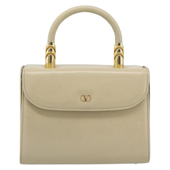 VALENTINO Hand Bag Leather Beige Gold Auth 188391