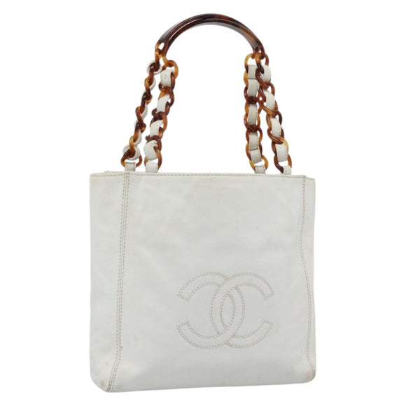 CHANEL Chain Hand Bag Leather White CC Auth 188392A