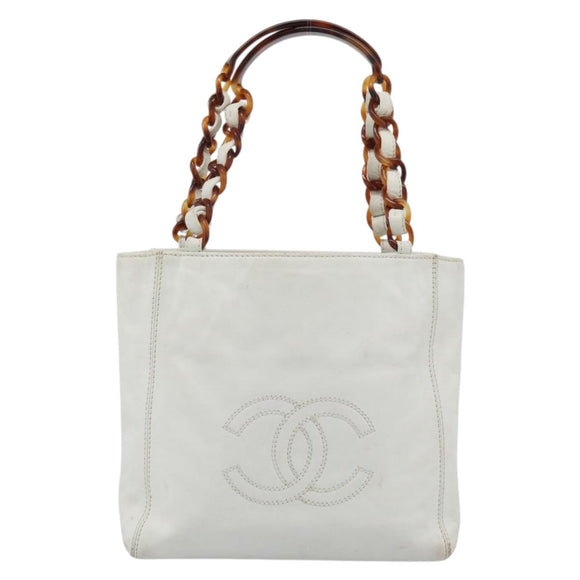 CHANEL Chain Hand Bag Leather White CC Auth 188392A