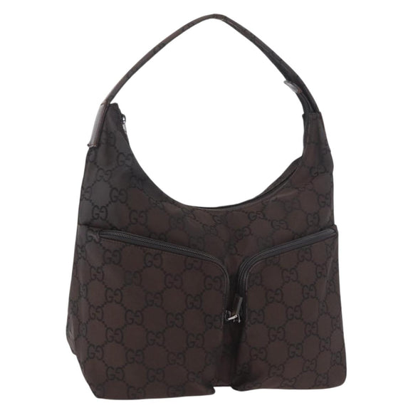 GUCCI GG Canvas Shoulder Bag Nylon Dark Brown Silver Auth 188409