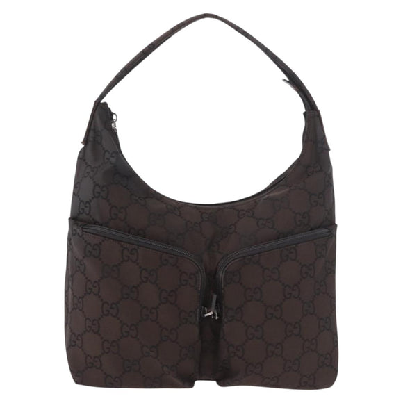 GUCCI GG Canvas Shoulder Bag Nylon Dark Brown Silver Auth 188409