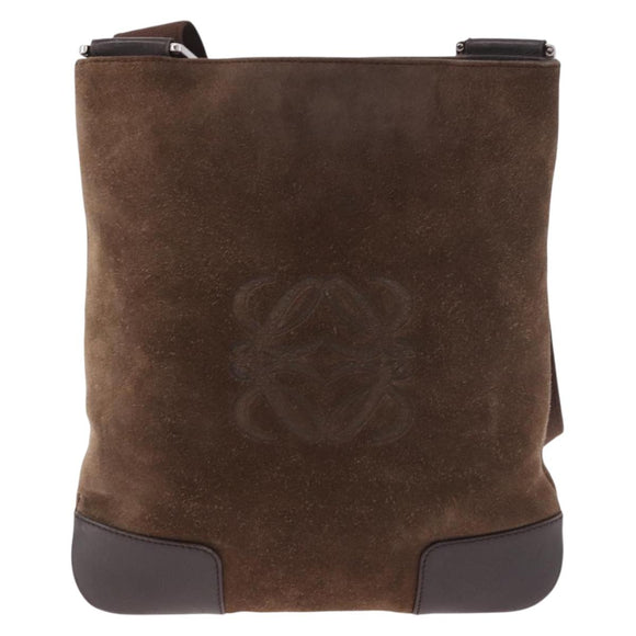 LOEWE Anagram Shoulder Bag Suede Brown Silver Auth 188410A
