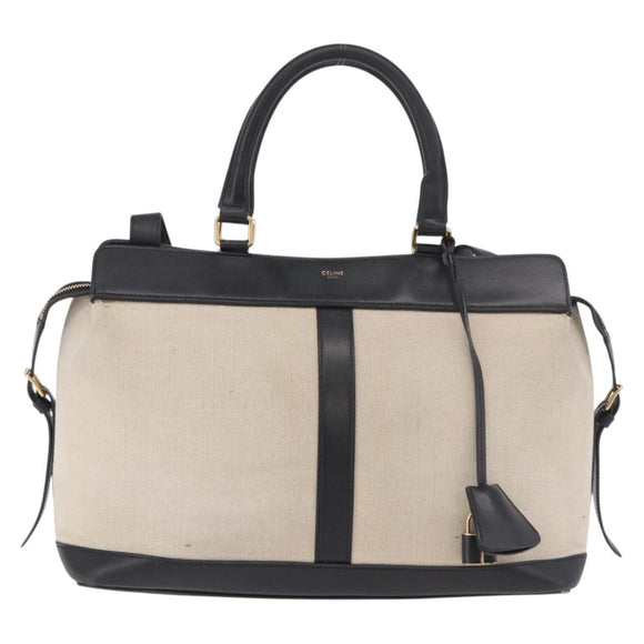 CELINE Cabas De France Hand Bag Canvas Leather 2way Beige Gold Auth 188436