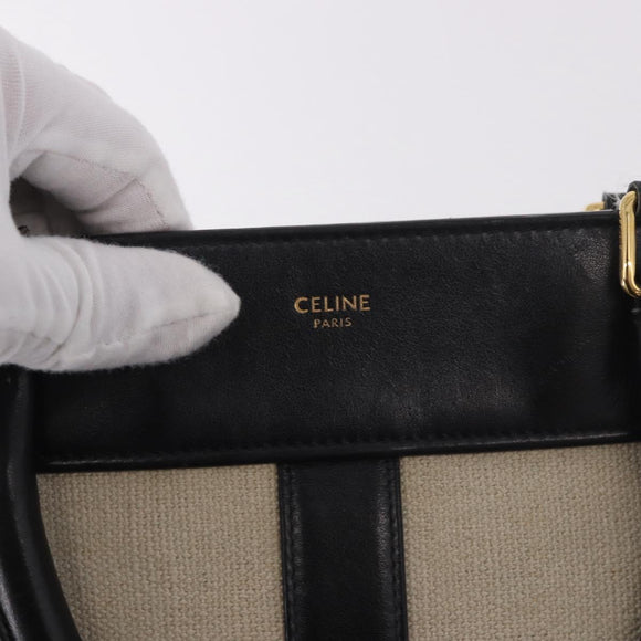 CELINE Cabas De France Hand Bag Canvas Leather 2way Beige Gold Auth 188436
