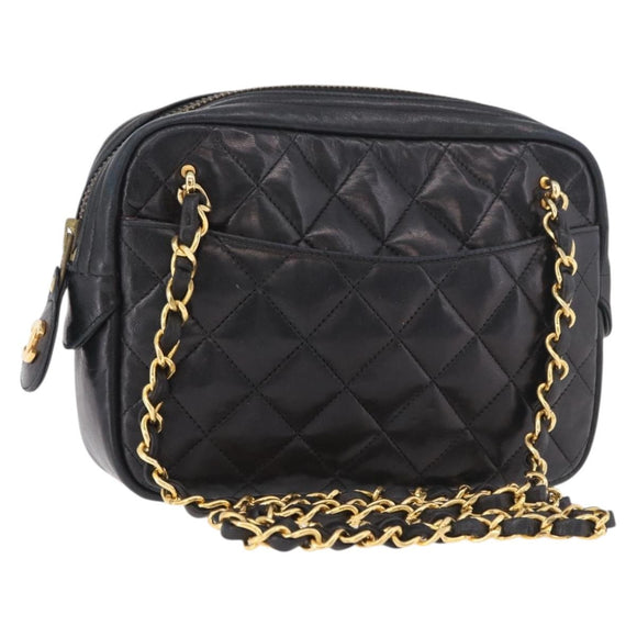 CHANEL Matelasse Chain Shoulder Bag Lamb Skin Black Gold CC Auth 188446