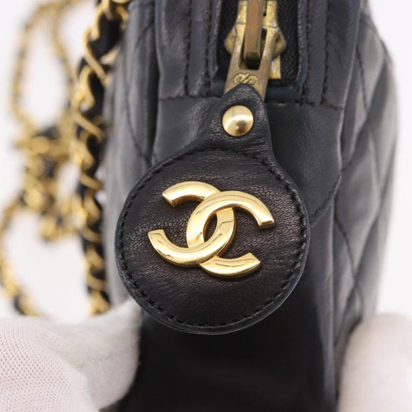 CHANEL Matelasse Chain Shoulder Bag Lamb Skin Black Gold CC Auth 188446