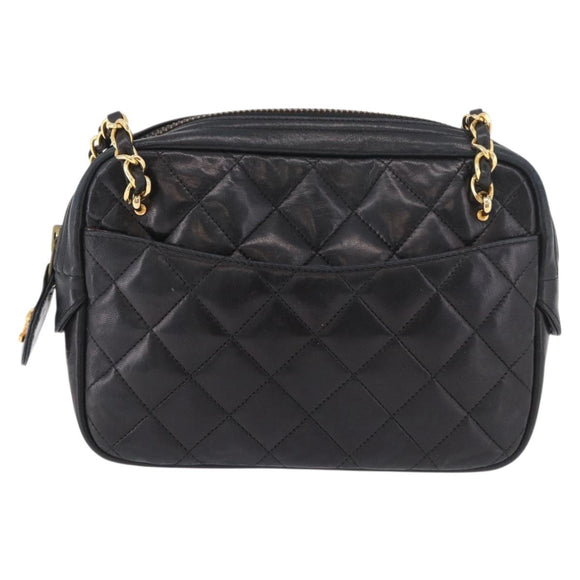 CHANEL Matelasse Chain Shoulder Bag Lamb Skin Black Gold CC Auth 188446