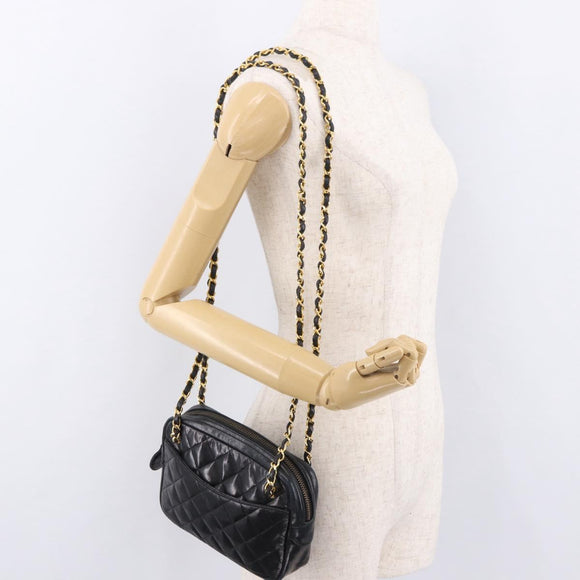 CHANEL Matelasse Chain Shoulder Bag Lamb Skin Black Gold CC Auth 188446