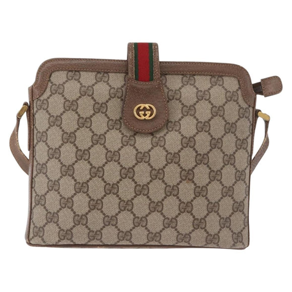 GUCCI GG Supreme Web Sherry Line Shoulder Bag PVC Beige Gold Auth 188457