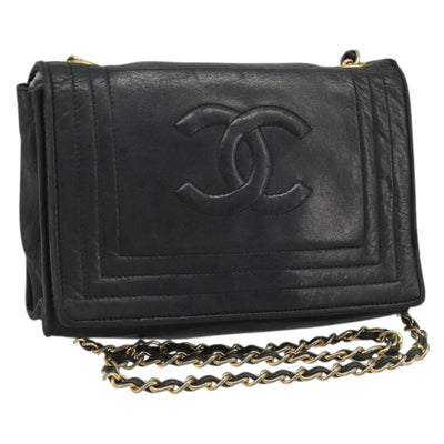 CHANEL Chain Shoulder Bag Lamb Skin Black Gold CC Auth 188459