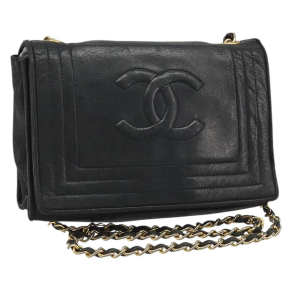 CHANEL Chain Shoulder Bag Lamb Skin Black Gold CC Auth 188459