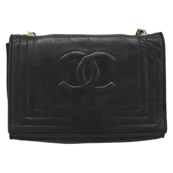CHANEL Chain Shoulder Bag Lamb Skin Black Gold CC Auth 188459