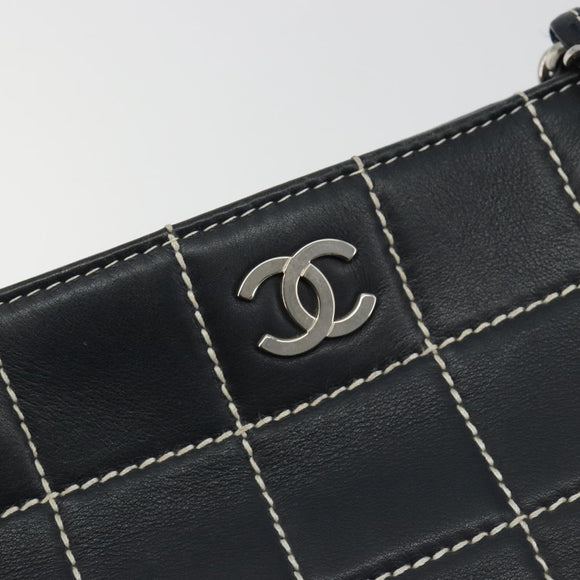 CHANEL Choco Bar Chain Tote Bag Lamb Skin Navy Silver CC Auth 188462SAV