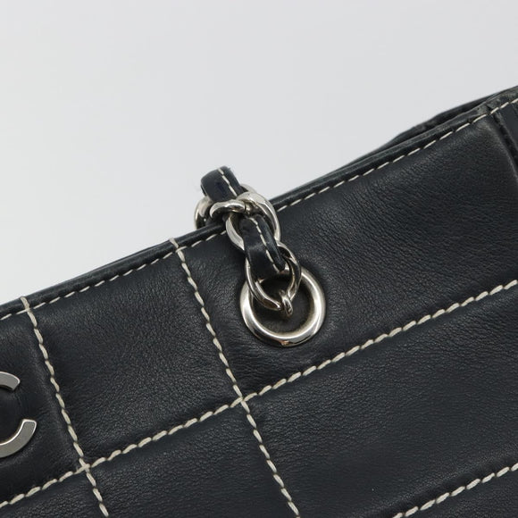CHANEL Choco Bar Chain Tote Bag Lamb Skin Navy Silver CC Auth 188462SAV