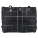 CHANEL Choco Bar Chain Tote Bag Lamb Skin Navy Silver CC Auth 188462SAV-13