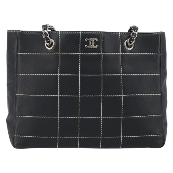 CHANEL Choco Bar Chain Tote Bag Lamb Skin Navy Silver CC Auth 188462SAV