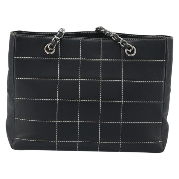 CHANEL Choco Bar Chain Tote Bag Lamb Skin Navy Silver CC Auth 188462SAV