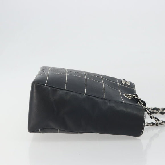 CHANEL Choco Bar Chain Tote Bag Lamb Skin Navy Silver CC Auth 188462SAV