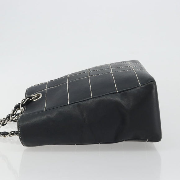 CHANEL Choco Bar Chain Tote Bag Lamb Skin Navy Silver CC Auth 188462SAV