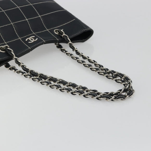 CHANEL Choco Bar Chain Tote Bag Lamb Skin Navy Silver CC Auth 188462SAV