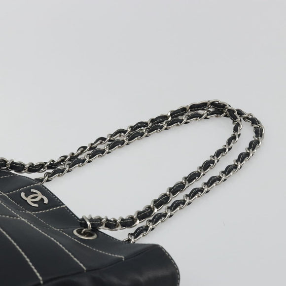 CHANEL Choco Bar Chain Tote Bag Lamb Skin Navy Silver CC Auth 188462SAV