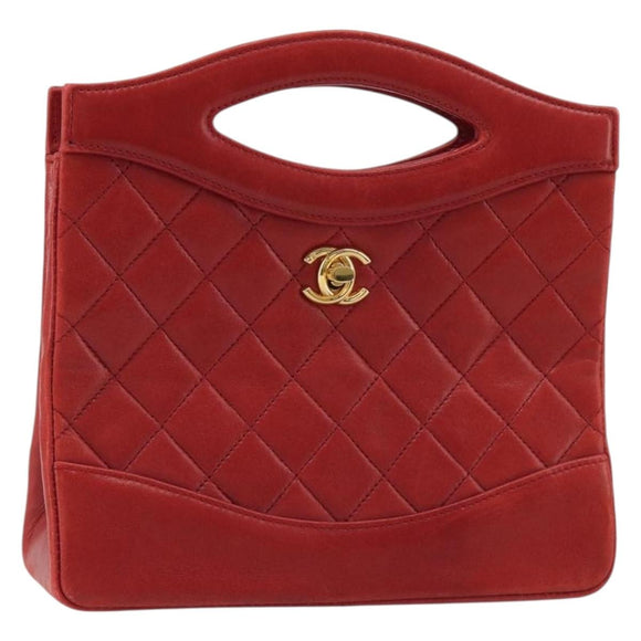 CHANEL Matelasse Hand Bag Lamb Skin Red Gold CC Auth 188464
