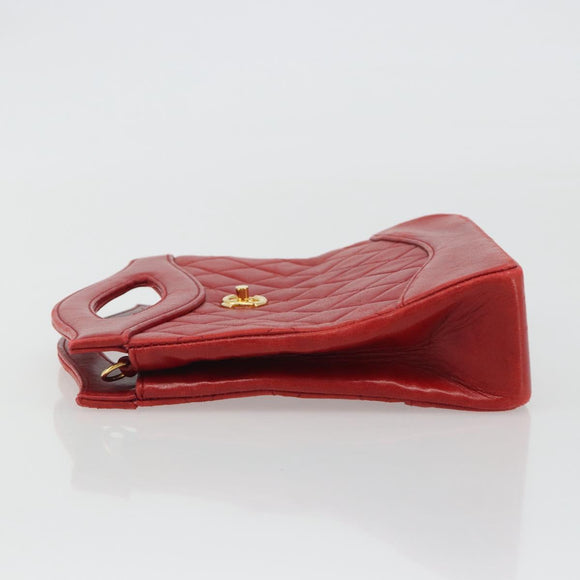 CHANEL Matelasse Hand Bag Lamb Skin Red Gold CC Auth 188464