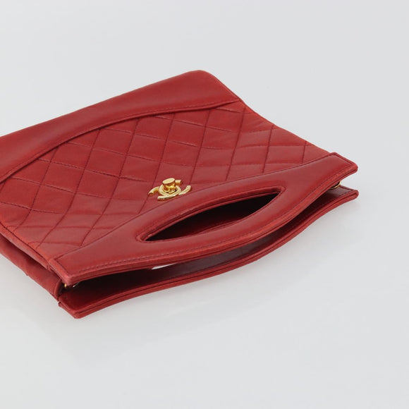 CHANEL Matelasse Hand Bag Lamb Skin Red Gold CC Auth 188464