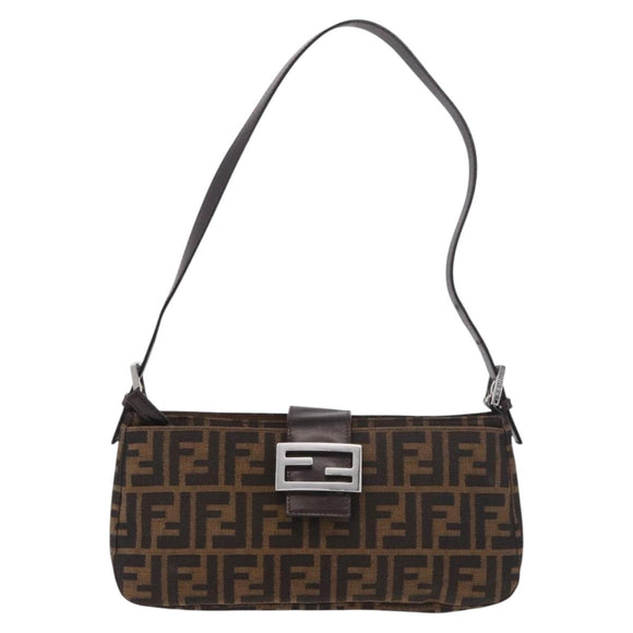 FENDI Zucca Canvas Shoulder Bag Black Brown Auth 188466SAM