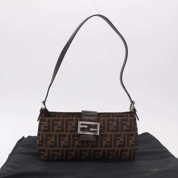 FENDI Zucca Canvas Shoulder Bag Black Brown Auth 188466SAM